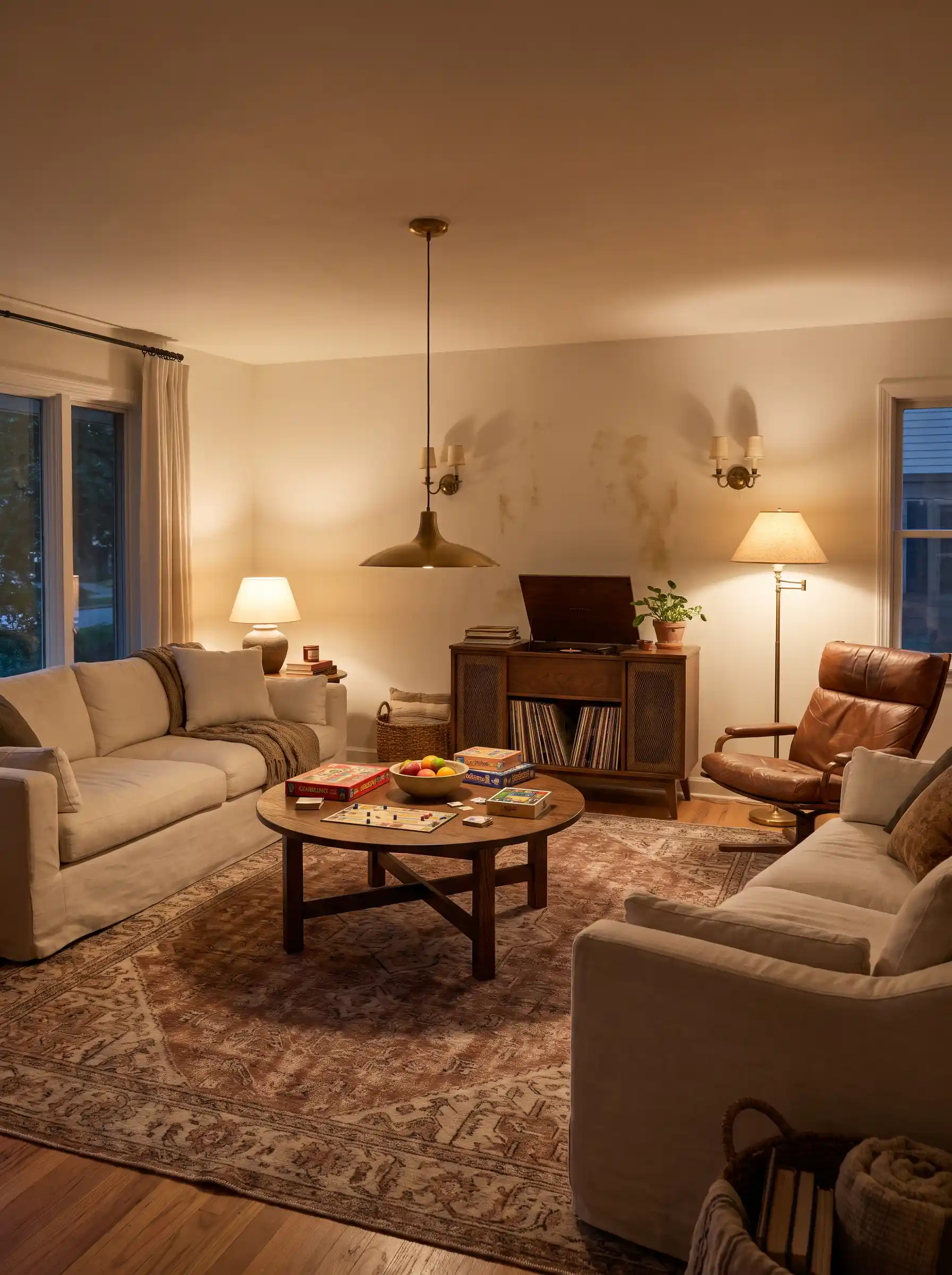 Warm analog living room with vintage record cabinet board games and brass pendant light